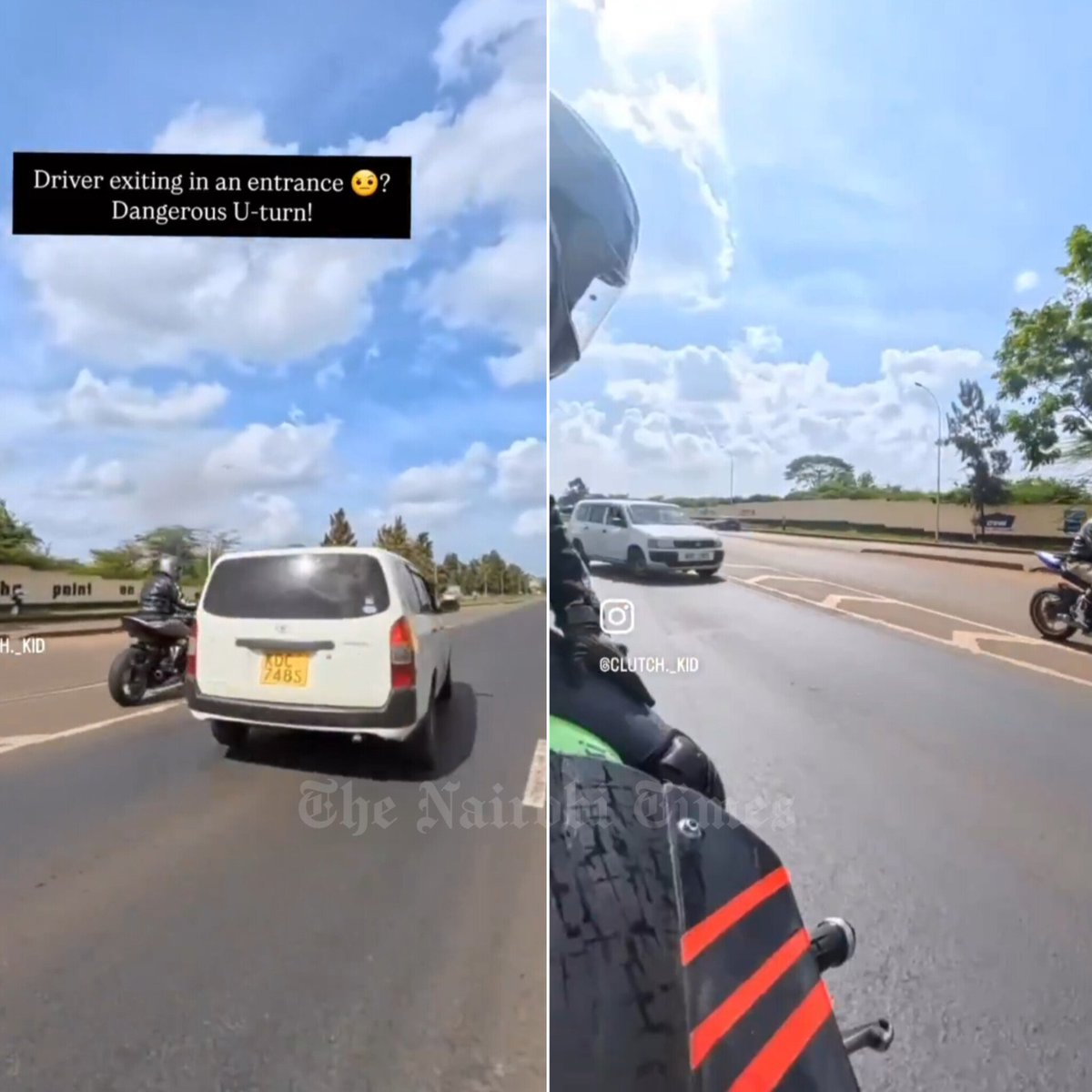 TheNairobiTimez's tweet photo. A shocking video circulating online shows a Probox driver performing an illegal U-turn at a highway entrance, nearly knocking down a biker who was approaching at speed.

The rider was forced to brake suddenly and swerve to avoid a serious collision, in a moment that has sparked outrage among road users.

The incident comes just days after the tragic death of popular biker Gustavo, who lost his life in a similar situation involving a Probox vehicle making an unlawful turn on the highway.

His death had already raised concerns about reckless driving and lack of discipline among motorists, especially along busy highways.

Watch 👇📽️