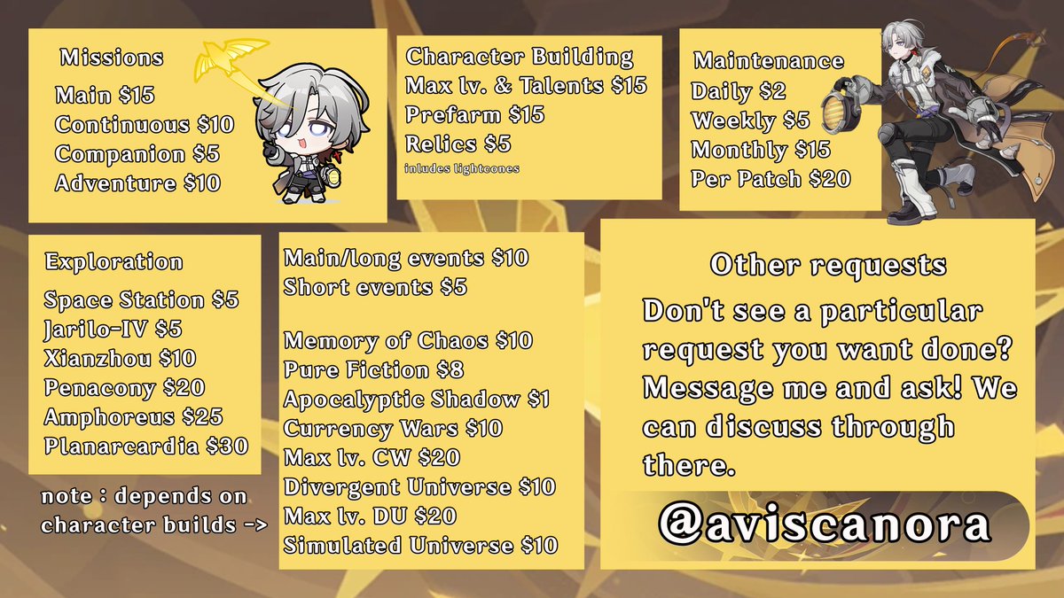 vvmplxhn's tweet photo. ꒰꒰ 　　ꪮe 　  ༝　 genshin impact&amp;honkai star rail piloting　　ᵎᵎ  　　　　　　　𓍼　　want your account to be in top shape but need some help?   ╰　　˚　　illuga is here at your service!  ╰　　˚　　all prices are in usd + can be negotiated! DM to hire! proofs below https://t.co/gEH2bpBQWK