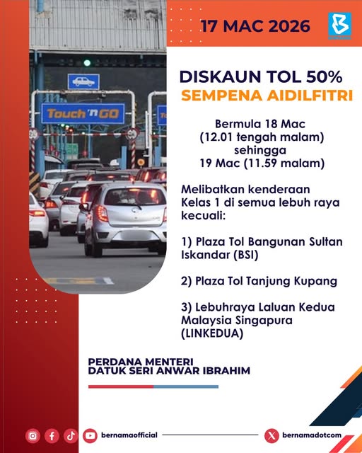 [TERKINI] Mesyuarat Jemaah Menteri memutuskan pemberian diskaun tol 50 peratus sempena Aidilfitri bagi mengurangkan kos perjalanan rakyat pulang ke kampung halaman.

Inisiatif ini melibatkan tanggungan kewangan berjumlah RM21.03 juta.

#BernamaNews
#BernamaInfografik
#DiskaunTol