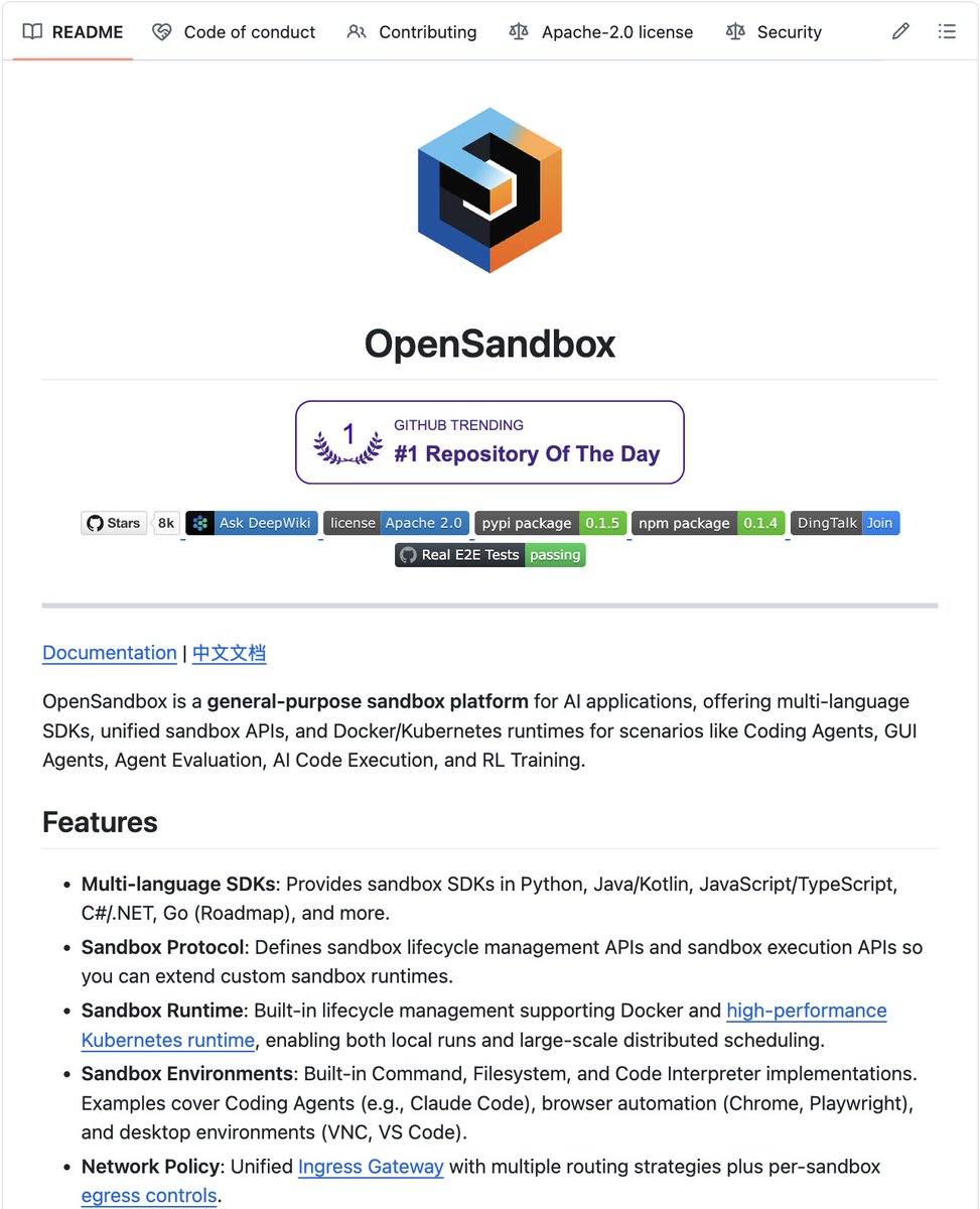 socialwithaayan's tweet photo. 🚨 BREAKING: Alibaba just open sourced the sandbox infrastructure that AI agents actually need to run safely.

OpenSandbox is a general-purpose execution environment built specifically for AI applications:

→ Runs coding agents, GUI agents, and RL training in isolated containers
→ Docker and Kubernetes runtimes so it scales from laptop to production
→ Multi-language SDKs so any stack can plug in
→ Built-in agent evaluation environment included
→ Isolates AI execution from your actual infrastructure

7,400 stars. 2,349 this week alone.

100% free and open source.