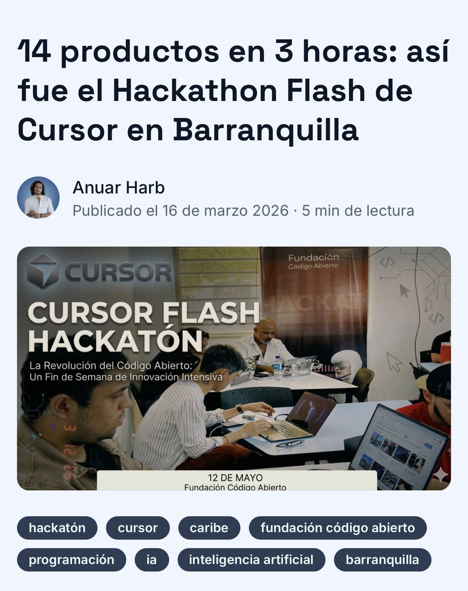 anuarharb's tweet photo. El jueves pasado organicé un hackaton de 3 horas en Barranquilla con @cursor_ai 

Hace dos años 3 horas te alcanzaban para hacer una landing page… hoy en día alcanzan para hacer una app médica, una plataforma para resolver conflictos con IA, un tutor de ajedrez con voz paisa. 😮 https://t.co/22S4Cs6POP