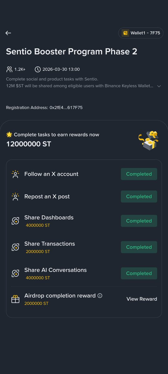 🟠Binance ST Booster Phase 2
🤑Reward : 12M ST (50K Random)

✅Click 'Join Campaign'
✅Follow Twitter &amp; Retweet 
✅SHARE Dashboard All

Note : 61 পয়েন্ট থাকলে জয়েন করুন