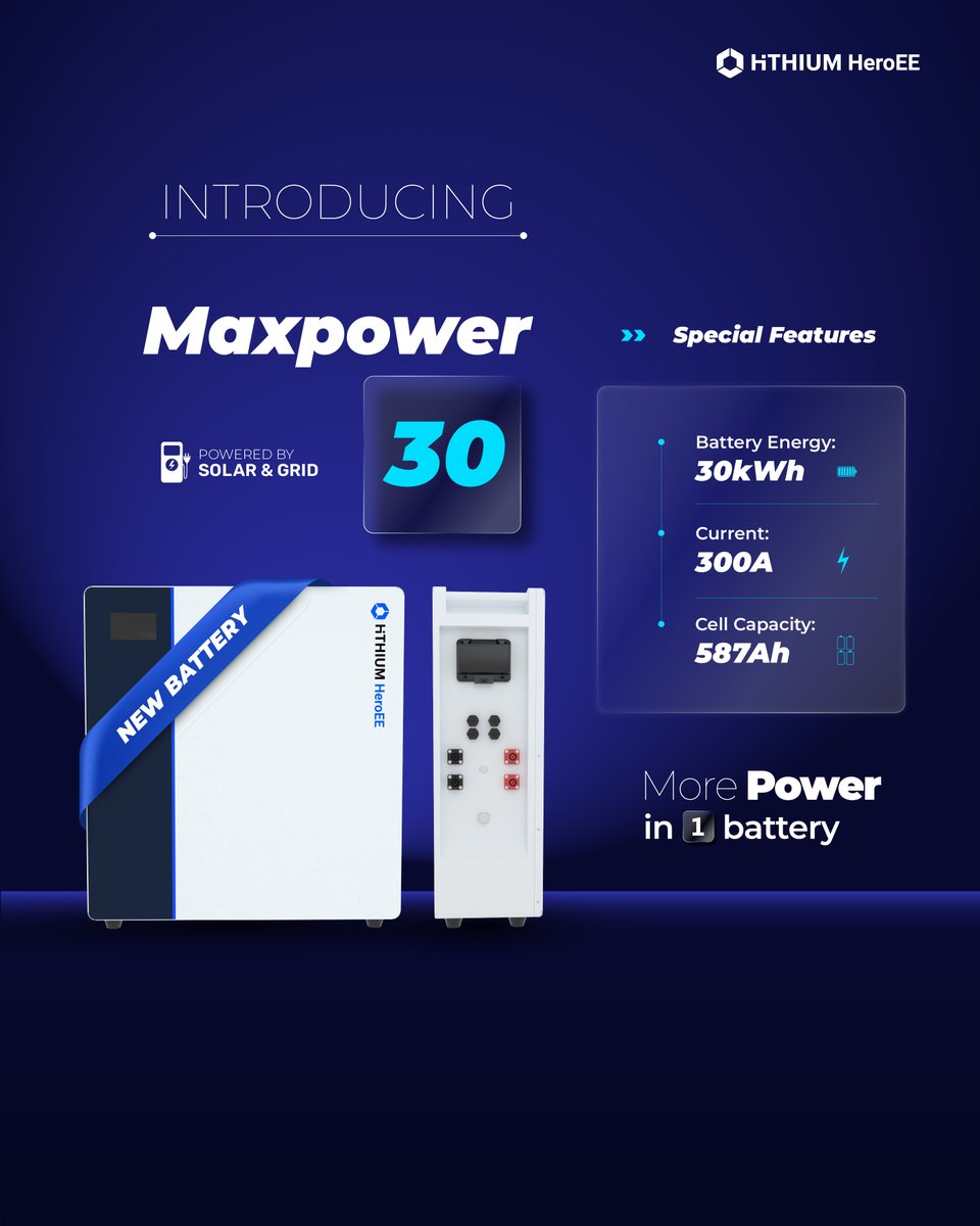HeroEEHithium's tweet photo. MaxPower series – HeroEE 16 &amp; MaxPower 30: different capacities, same core.  
✅ Extremely safe – cells pass pierce, drop, and fire tests  
✅ 11,000 ultra-long cycles  
✅ Flexible extension to suit your different needs  
Contact Sales.Heroee@hithium.com for more info https://t.co/imxHz2pksJ