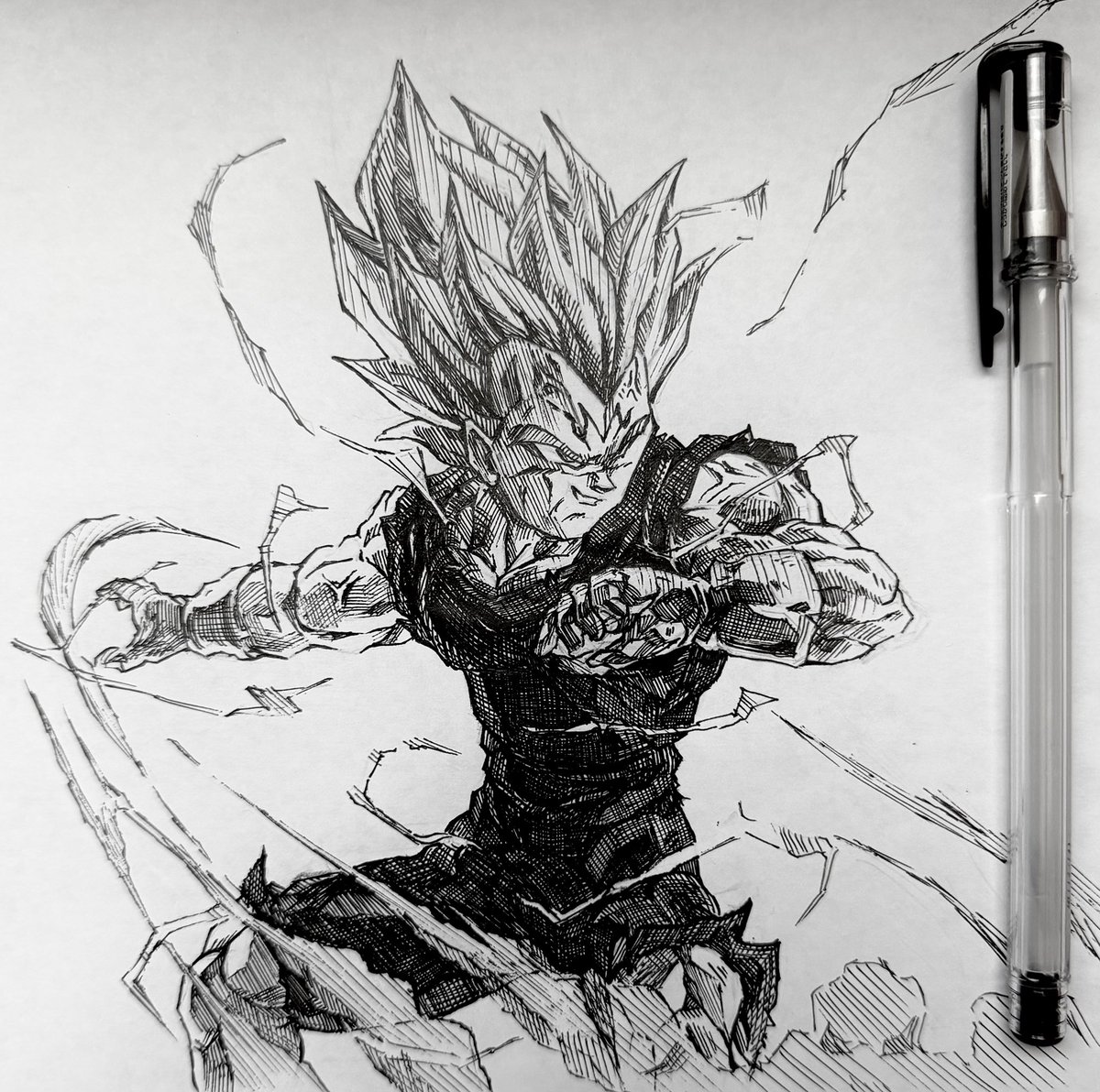 oxygen_art9's tweet photo. ドラゴンボールのベジータ描きました。

前回の18号の反省も踏まえて裏で少し2次元の顔面の描き方について勉強しました。だいぶマシにはなったかな？

#ペン画 #ドラゴンボール #dragonball https://t.co/3u4kUKy598