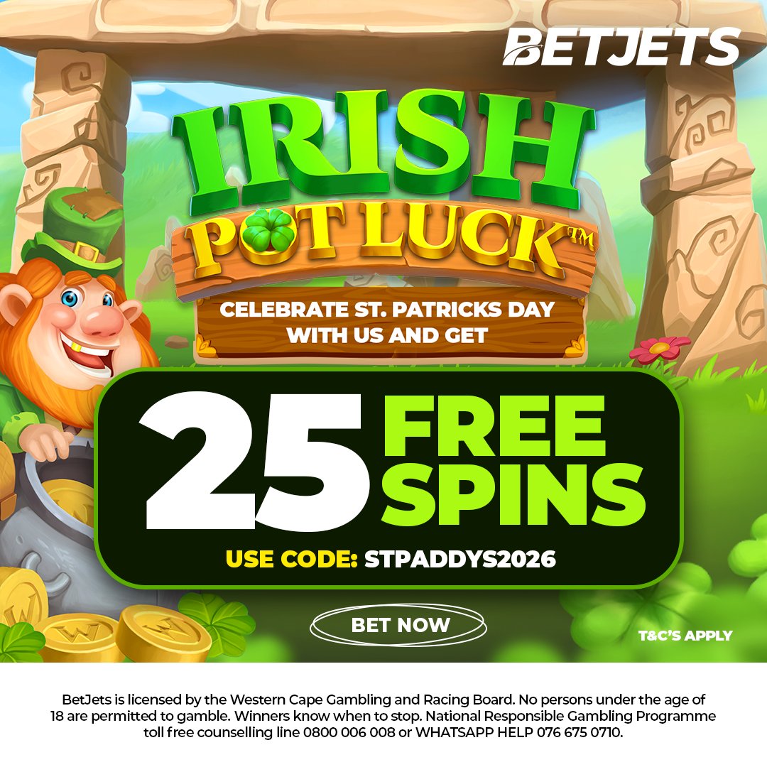 BetJetsZA's tweet image. Aweh 🍀

Today we’re all a little Irish. 🇮🇪
But mostly… we’re feeling LUCKY. 💸
25 FREE SPINS just dropped. 🔥

Code: STPADDYS2026

Walala wasala… don’t miss out 👀
#BetJets #StPaddysDay