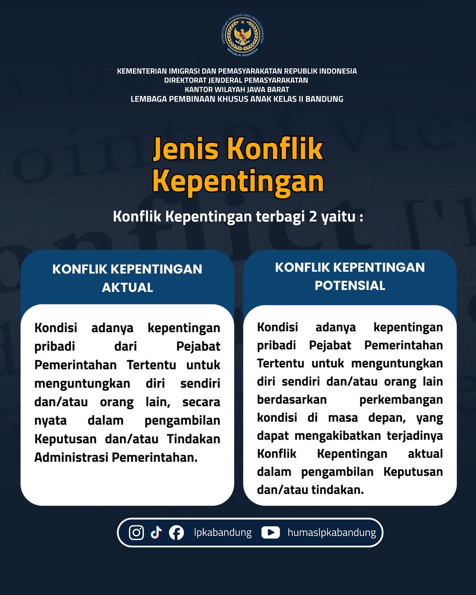 lpka_bdg's tweet photo. Jangan biarkan kepentingan pribadi mengalahkan amanah jabatan.

Konflik kepentingan bisa menjadi pintu awal terjadinya pelanggaran dan korupsi.
Bijak dalam bersikap, tegas dalam menjaga integritas.

Tolak. Hindari. Laporkan.

#ZonaIntegritas #AntiKorupsi #LPKABandung #BerAKHLAK https://t.co/ZEM1GH4HX4