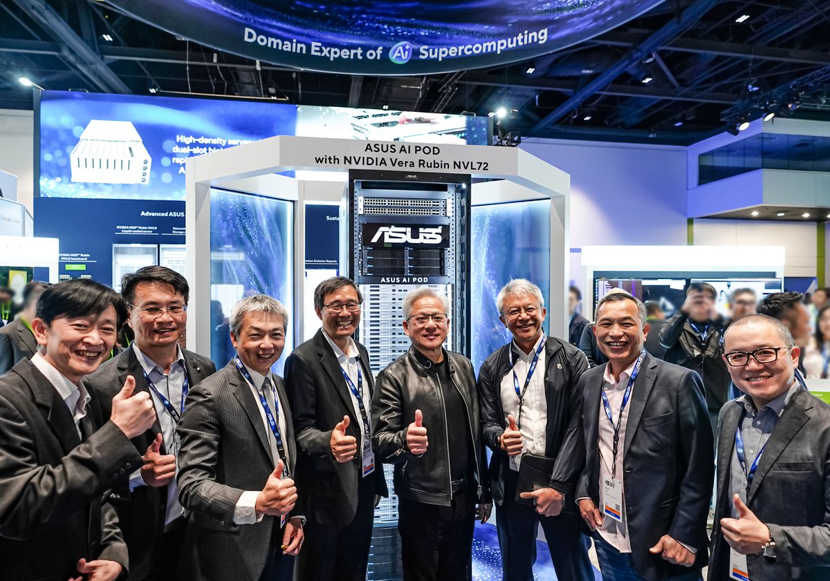 ASUSUSA's tweet photo. 🚀 Honored to host Jensen Huang at the ASUS booth during #NVIDIAGTC 2026!

Powered by @NVIDIA Vera Rubin, ASUS delivers flexible AI. From liquid-cooled NVL72 to Ascent GX10, see scalable, secure AI in action.

📍Explore more at booth #421
#aiinfrastructure #aisupercomputer https://t.co/4TQ7OOjpyI