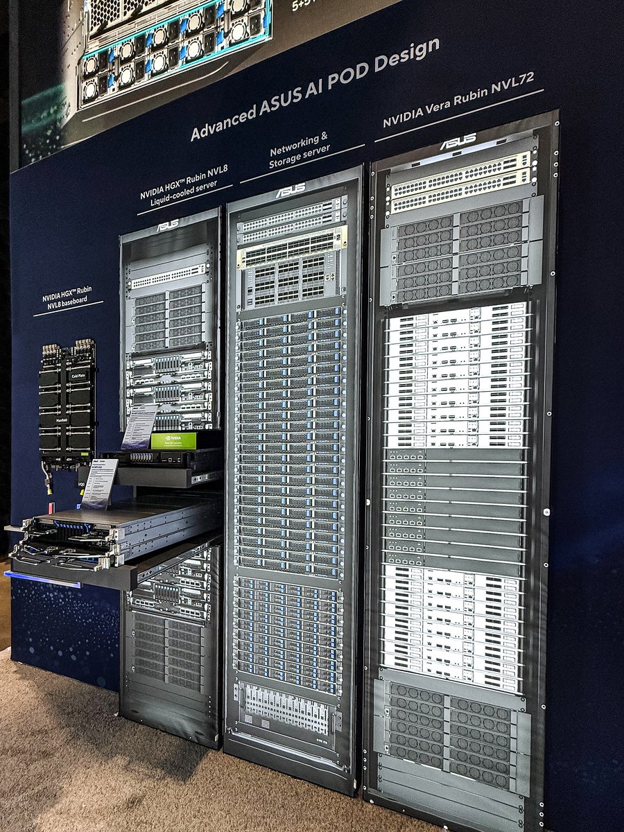 ASUSUSA's tweet photo. 🚀 Honored to host Jensen Huang at the ASUS booth during #NVIDIAGTC 2026!

Powered by @NVIDIA Vera Rubin, ASUS delivers flexible AI. From liquid-cooled NVL72 to Ascent GX10, see scalable, secure AI in action.

📍Explore more at booth #421
#aiinfrastructure #aisupercomputer https://t.co/4TQ7OOjpyI