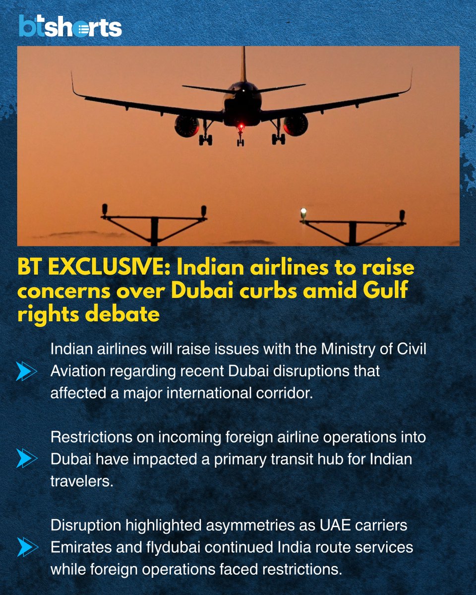 business_today's tweet image. Indian #airlines are set to raise concerns with the Ministry of Civil Aviation following recent disruptions in #Dubai that impacted a key international corridor, sources told @business_today television.

➡️ The issue stems from restrictions on incoming foreign airline operations