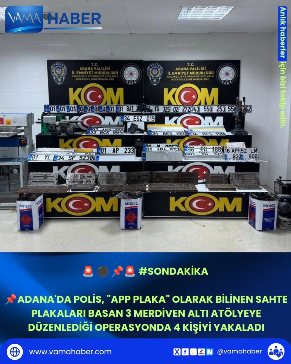 Adana'da polis, "APP plaka" olarak bilinen sahte plakaları basan 3 merdiven altı atölyeye düzenlediği operasyonda 4 kişiyi yakaladı... #vamahaber #adana #app #appplakalık #baskın