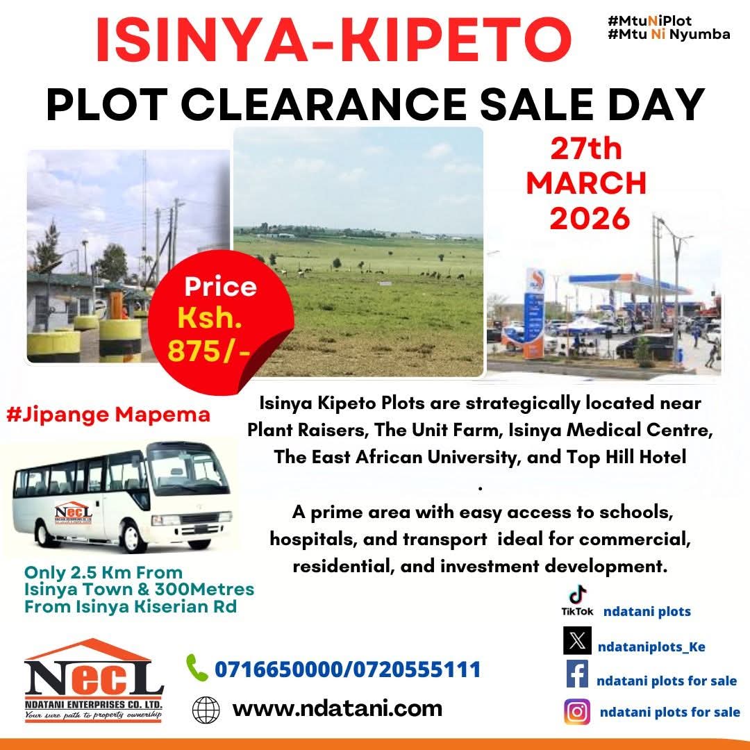 ndataniplots_Ke's tweet image. Secure your future with prime Isinya Kipeto plots clearance sale with 15% Discount Ramadhan Offer excellent location high investment potential #LandForSale #IsinyaPlots #Ramadhan#Isinya#EasterOffers#RealEstateKenya #PropertyInvestment #MtuNiPlot