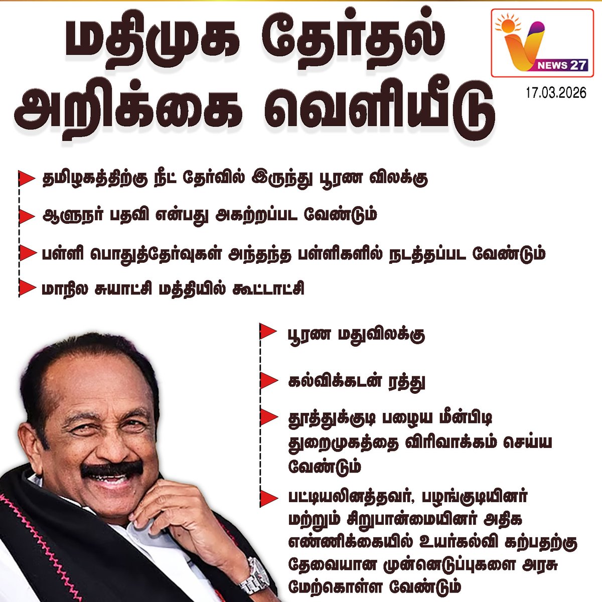 vnews27's tweet photo. மதிமுக தேர்தல் அறிக்கை வெளியீடு
#MDMK | #Vaiko | #Election2026 | #ElectionStatement #VNews27 https://t.co/6roVOlHZBj