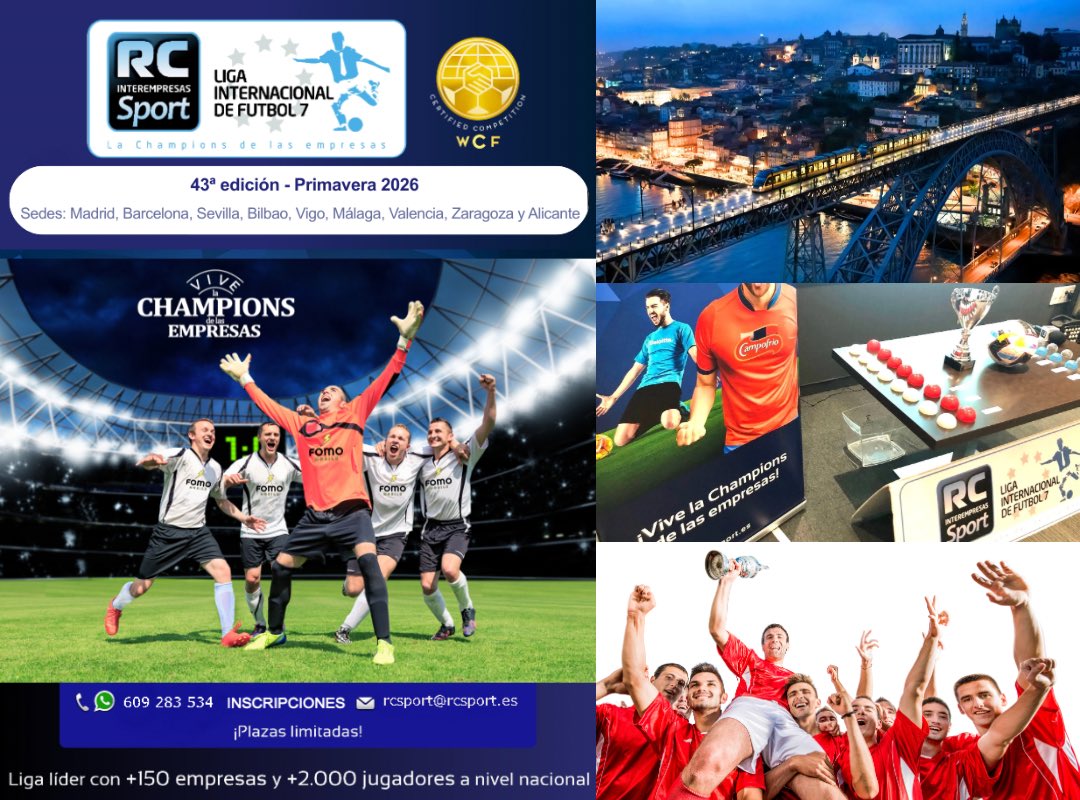 RCSport3's tweet photo. ⚽🏆 ¡Lisboa albergará el TORNEO DE CHAMPIONS RC Interempresas 2026! 
Desde 2006, este torneo reúne a los mejores equipos del #fútbol7 corporativo, y en septiembre de 2026, durante un espectacular fin de semana, volverá a hacerlo con un ambiente internacional único. 🌍 https://t.co/kaXbRKWtkF