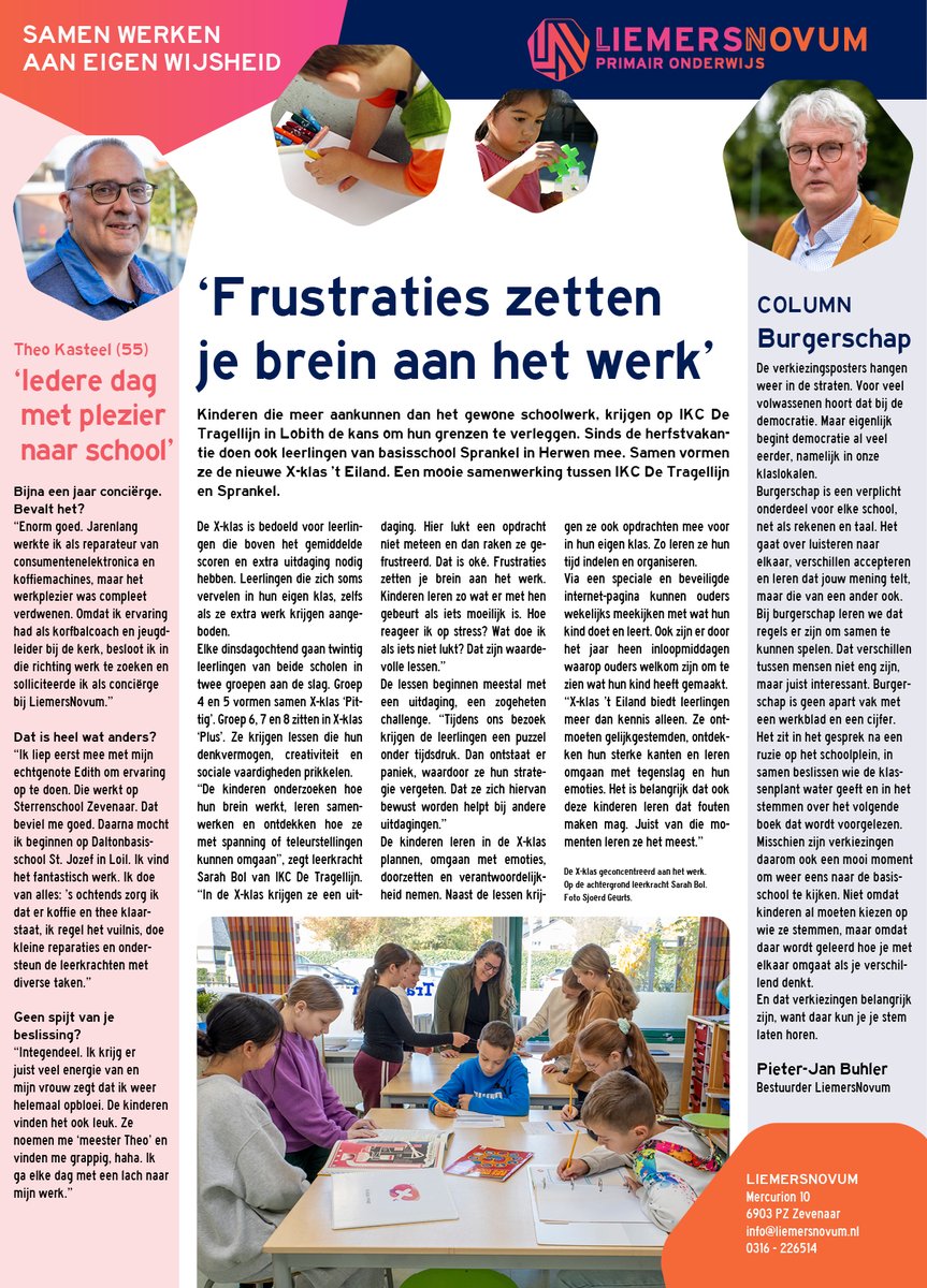 Leerlingen die grenzen verleggen op IKC De Tragellijn in Lobith en conciërge Theo Kasteel, die iedere dag met plezier aan de slag gaat op Daltonbasisschool St. Jozef in Loil: allemaal te lezen in de nieuwsflits van LiemersNovum. Vandaag online, morgen in de regionale kranten.