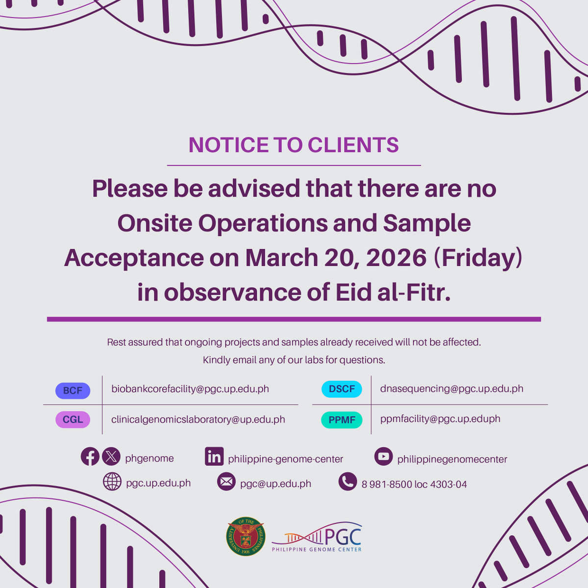 phgenome's tweet photo. [ADVISORY] Schedule of operations (all labs/facilities) for March 20, 2026 (Fri) in observance of Eid al-Fitr.

We thank you for understanding.
📲 https://t.co/kBTpgGp2aS https://t.co/5GeTmgpzkw
