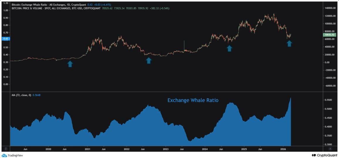 “When the exchange whale ratio increases, it marks a short-term bottom, and when the ratio is at its peak, it is the point where an uptrend begins.”