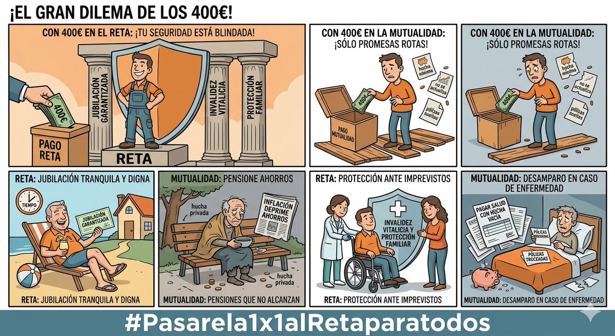 En el RETA, pagas 400€  y tienes una RED DE SEGURIDAD: jubilación mínima garantizada, invalidez vitalicia y protección familiar. 🛡️
​En la Mutualidad, pagas 400€ y tienes PÓLIZAS TROCEADAS: una hucha privada que no se actualiza y te deja en la indigencia. 🪤