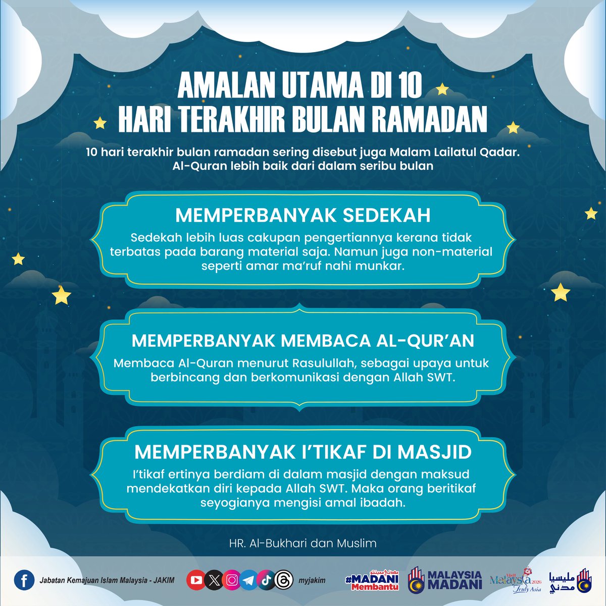 Manfaatkan 10 Hari Terakhir Ramadan dengan Amalan Terbaik

Sepuluh hari terakhir bulan Ramadan merupakan fasa yang amat istimewa kerana padanya terdapat malam Lailatul Qadar, malam yang lebih baik daripada seribu bulan.