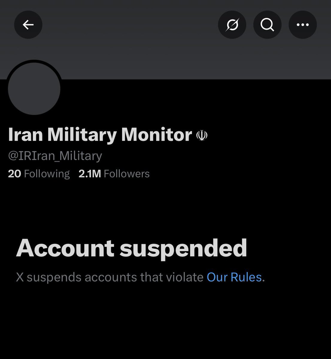 CryptoNewsHntrs's tweet image. BREAKING: IRAN MILITARY MONITOR WHICH BOASTED 2M FOLLOWERS HAS BEEN BANNED WITHOUT ANY PUBLICLY KNOWN REASON!

2 MILLION FOLLOWERS SILENCED OVERNIGHT.

FREEDOM OF SPEECH? 😂🚫

#IranMilitaryMonitor #Banned #Censorship #FreeSpeech #Iran #Breaking