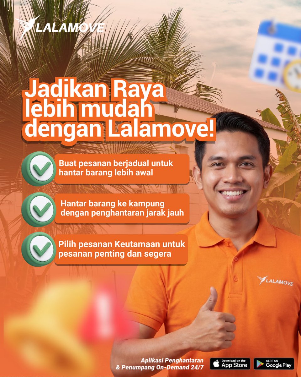 Ada yang last minute buat persiapan Raya? 😅

Masih sempat! Kurangkan stress persiapan dengan Lalamove. Hantar apa saja, barang akan tiba hari sama.

🚚 Jom hantar sekarang!

#lalamovemy #penghantaranharisama