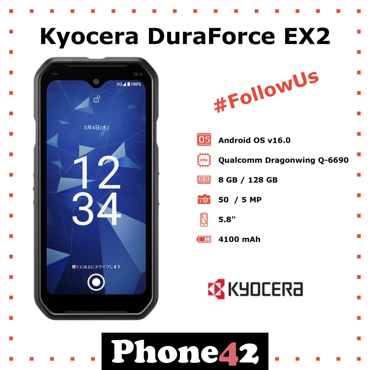 Phone42com's tweet photo. 📱 Kyocera DuraForce EX2 Features, Specs and Performance

✅ Pros: microSD slot, 5G support
⛔️ Cons: single camera setup

Want more info? Head to our website! 🌐
https://t.co/gF7ioI5l91
#Phone42 #Kyocera #KyoceraDuraForceEX2 #Smartphone #KyoceraPhotography #Reviews #Benchmarks https://t.co/oZ82NrAa8q