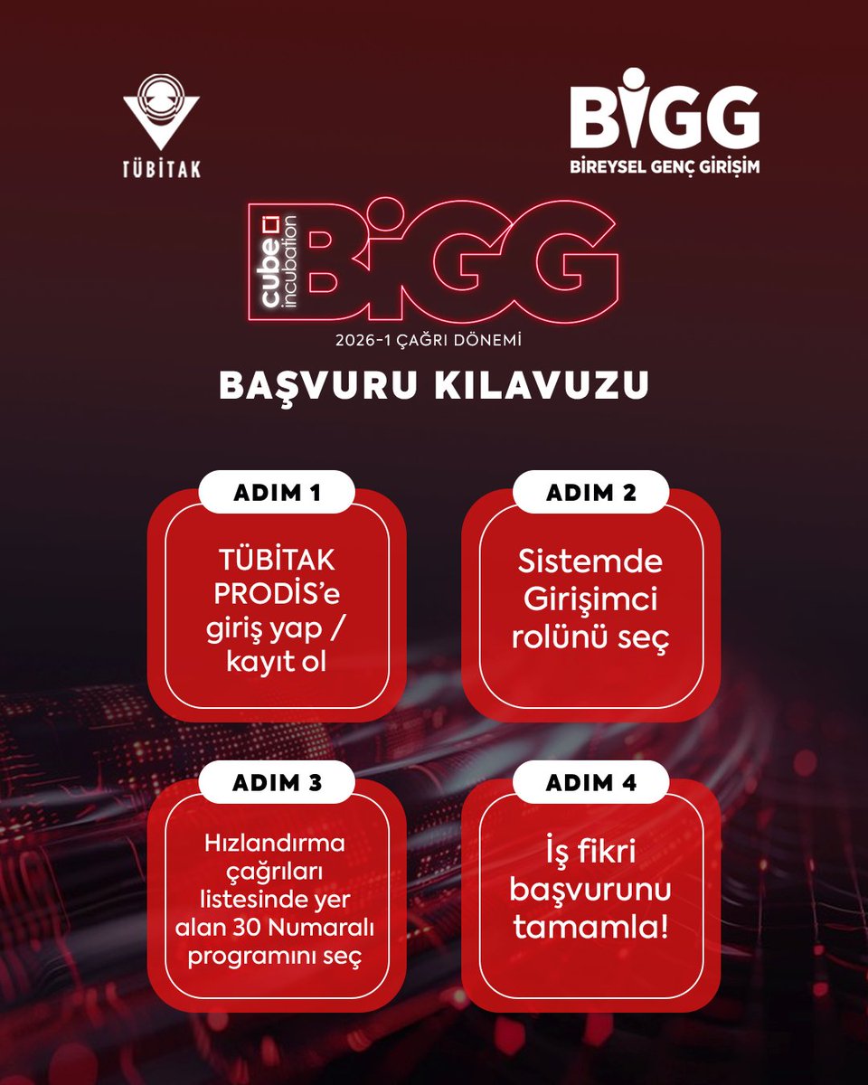 BİGG Cube Incubation Programı’nın 2026-1 çağrı dönemi için başvuruları devam ediyor🚀

🔗 Programa Kayıt için: biggcube.teknopark.istanbul

Son Başvuru Tarihi: 5 Nisan 2026

Detaylar açıklama kısmında.