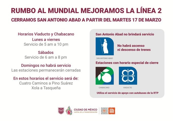 87punto3's tweet image. #CDMX 🔴 | Por trabajos de mantenimiento, a partir del 17 de febrero no habrá ascenso ni descenso en la estación San Antonio Abad, mientras que habrá horario de cierre especial en Chabacano y Viaducto de la Línea 2 del #MetroCDMX. 🚇⚠️

🤳 @MetroCDMX | #87Punto3 📻🚩