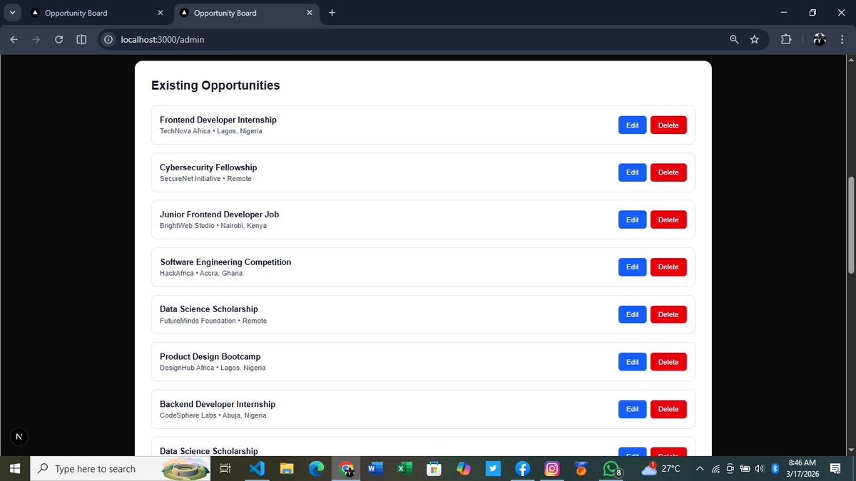 darrelbuilds's tweet photo. Phase 4 ✅

Admin dashboard now supports create, edit, and delete opportunities.

Next: Phase 5 — User Features https://t.co/yU25dYdnGR