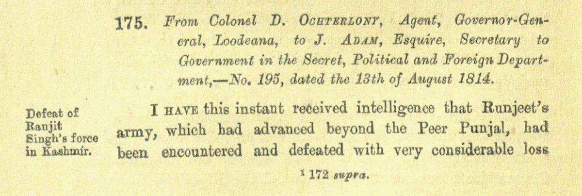 47__Lambardarr's tweet photo. Not really. Ruhullah Khan, the Gujjar chief of Poonch, defeated Ranjit Singh in 1814.

‘I have this instant received intelligence that Runjeet's army, which had advanced beyond the Peer Punjal, had been encountered and defeated with very considerable loss’
- Colonel D. Ochterlony https://t.co/5GDAAa9CI8