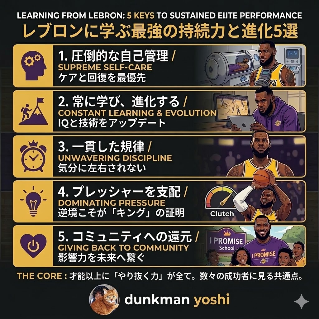 dunkman_yoshi's tweet photo. 【レブロンに学ぶ成功する為の秘訣５選】

41歳にしてレブロンの凄さは才能以上にその圧倒的な「自己管理」と「進化し続ける力」にあります。ビジネスもキャリアも短期的な爆発力より「持続力」が🔑

特に「1. 自己管理」と「2. 進化」。レブロンは体調管理に年間1億円以上投資していると言われます。 https://t.co/NQSShf2WSP