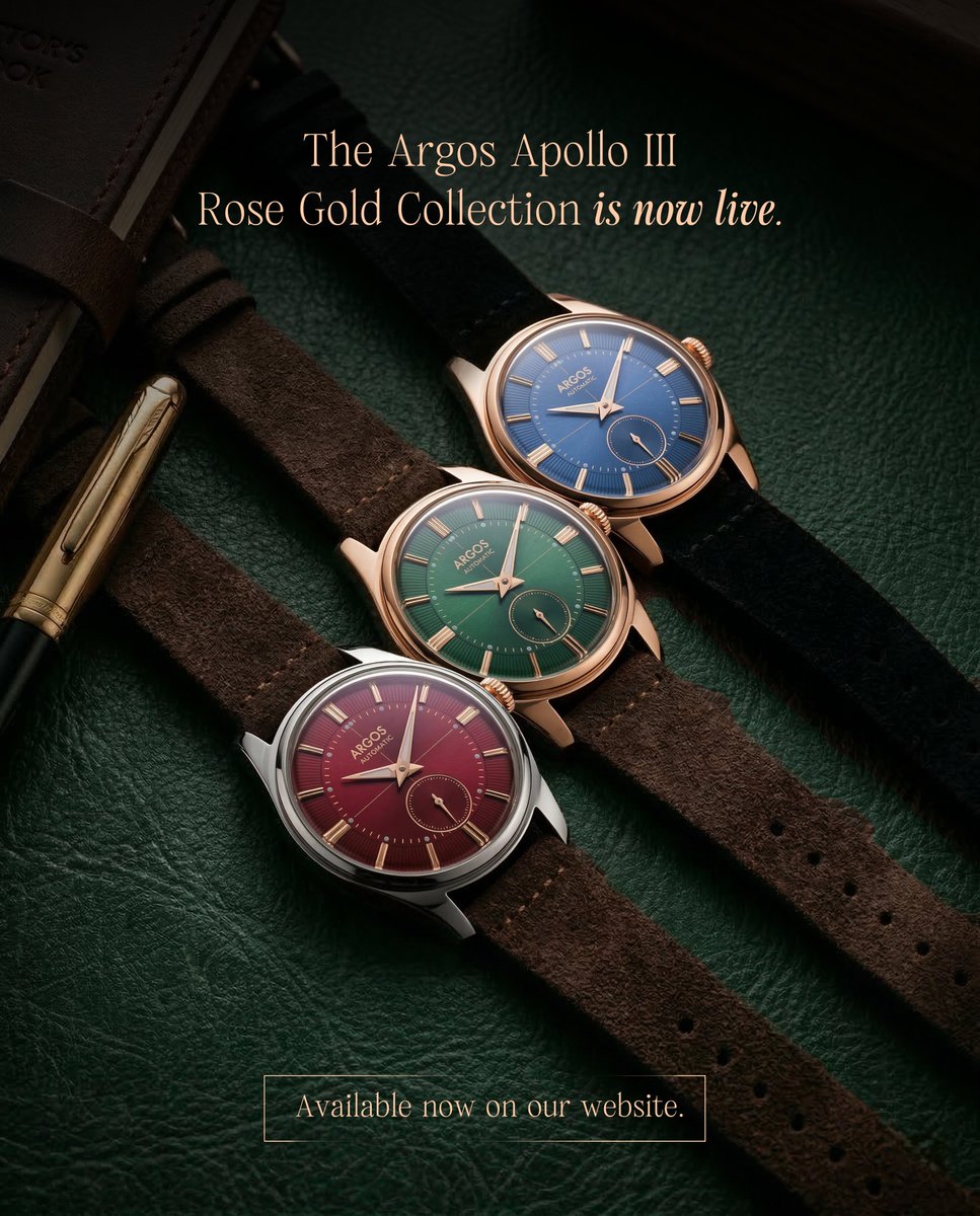 ArgosWatches's tweet photo. Three dials. One philosophy.
Heritage craftsmanship, vintage design, and premium automatic watchmaking shaped by quiet, old-money elegance.
Available now on our website.
#ArgosWatch #RoseGoldCollection https://t.co/OZVcQfycnu