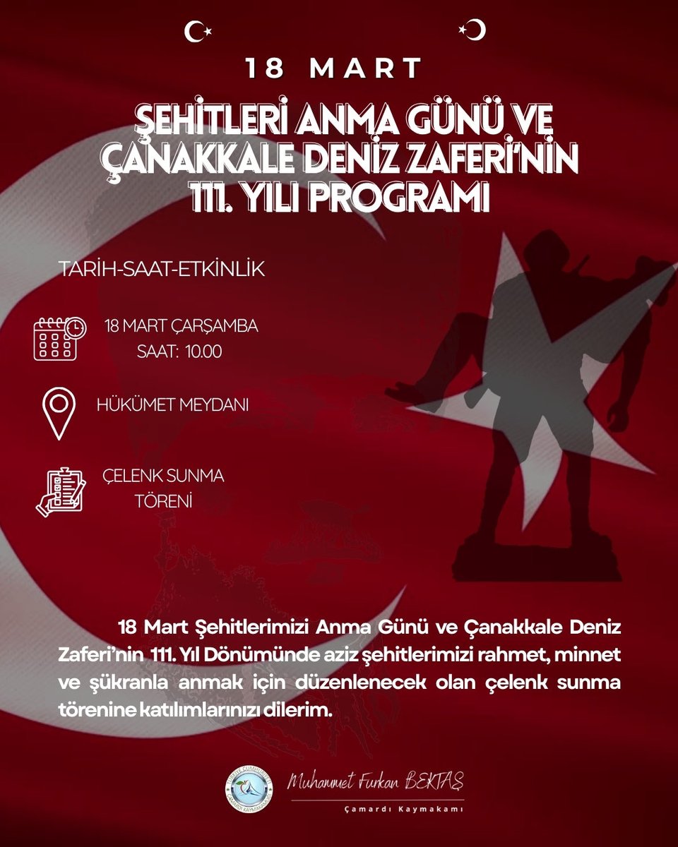 🇹🇷 18 Mart Şehitleri Anma Günü ve Çanakkale Deniz Zaferi’nin 111. Yıl Dönümü kapsamında gerçekleştirilecek anma programına tüm vatandaşlarımız davetlidir.

#18Mart
#ÇanakkaleZaferi
#ŞehitleriAnmaGünü
