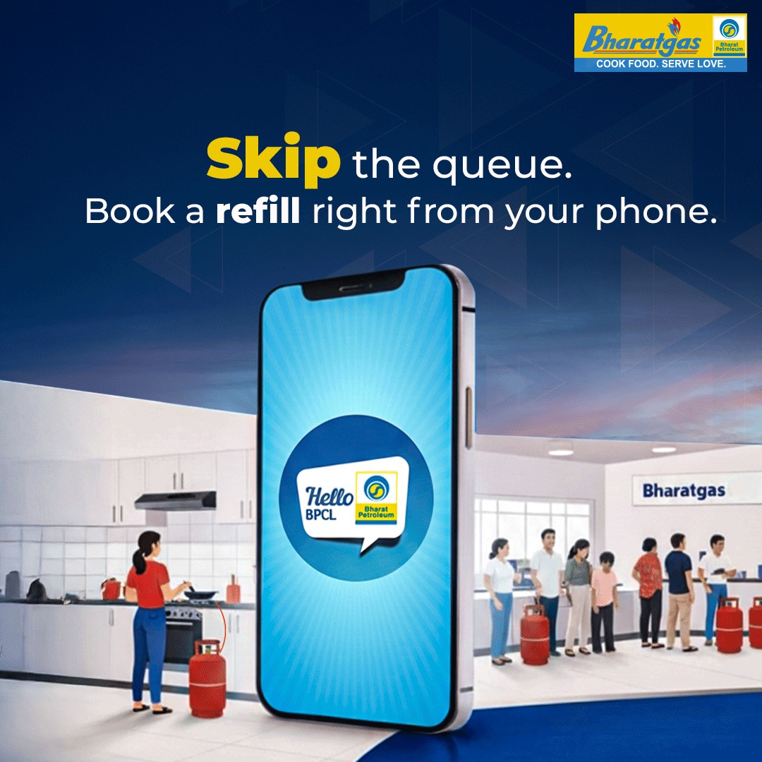 BPCLLPG's tweet photo. Why stand in line when your refill can come right to your doorstep? Book instantly on the HelloBPCL app and enjoy uninterrupted cooking, comfort, and convenience.

#Bharatgas #HelloBPCLApp #SmartBooking #LPGBooking #DigitalIndia

@PetroleumMin @HardeepSPuri @neerajmittalias @Secretary_MoPNG @BPCLimited @DirectorM_BPCL @cmdbpcl