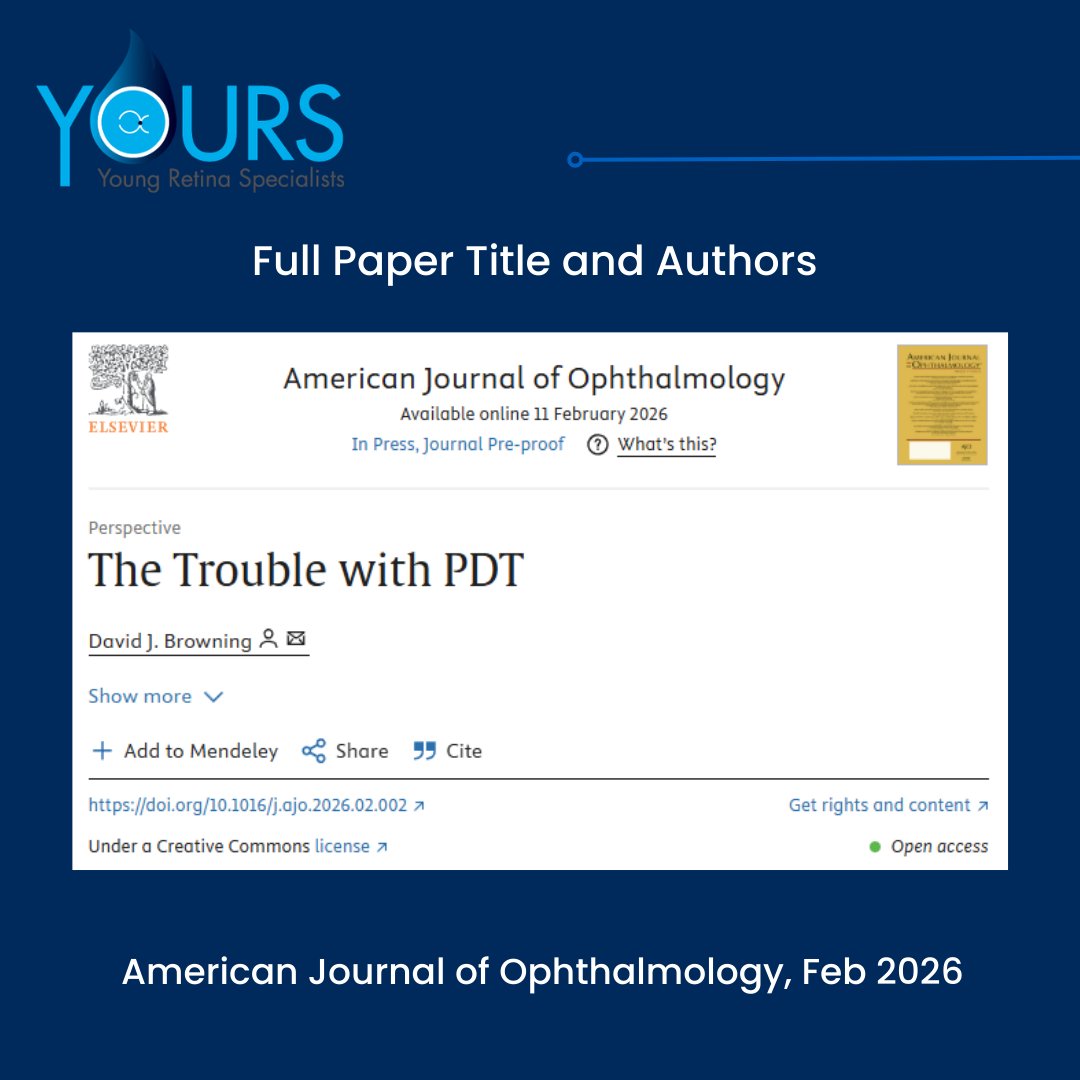 YoungRetina's tweet photo. 🔍New Study Alert!
This study examines the role of PDT in the treatment of retinal disease &amp; obstacles to use in the US for evidence-based indications.

📅Feb 2026 | DOI: 10.1016/j.ajo.2026.02.002
🔗Link: https://t.co/K61HqVx0X2

#subretinalfluid #photodynamictherapy #verteporfin https://t.co/pFo6Pj4IBd