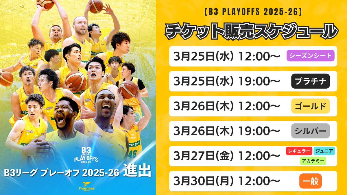 ＼B3 PLAYOFFS 2025-26 チケット販売概要／

B3 PLAYOFFS 2025-26 チケットの販売概要が決定しましたのでお知らせいたします🔥

詳細はこちら▼
fivearrows.jp/news/detail/id…

#B3プレーオフ
#CREATEVV
#香川ファイブアローズ