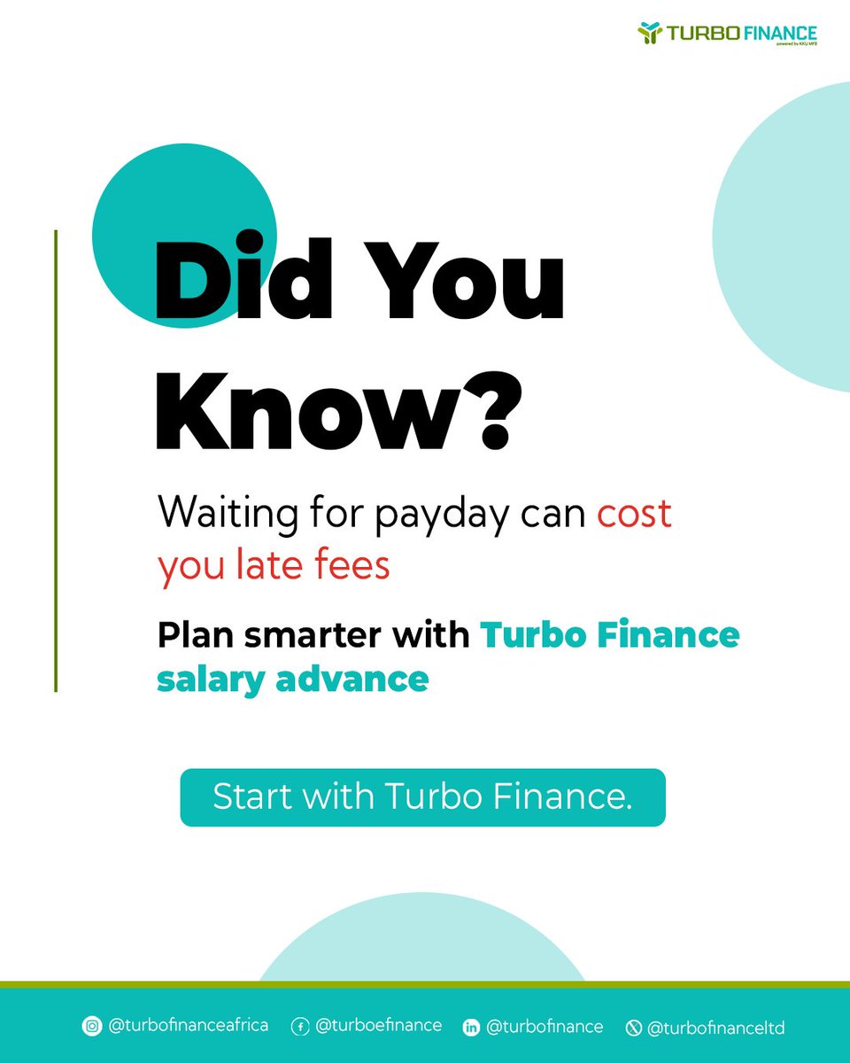 TurboFinanceLTD's tweet image. Turbo Finance gives eligible employees early access to their earned salary so you stay ahead.

👉 Start planning smarter at turbofinance.africa

#TurboFinanceAfrica #EarlySalaryAccess #FinancialSmartMoves #SalaryControlAfrica #WorkingProfessionalTips #MoneyPeace