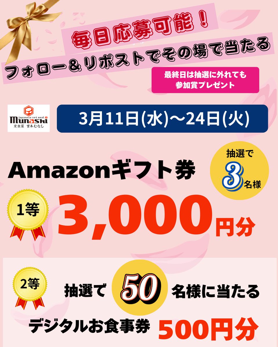 munashi2022's tweet photo. ＼👉毎日応募可能❗　その場で当たる🎵／
📣フォロー＆リポストキャンペーン🎵

1️⃣等「Amazonギフトカード3,000円分」を抽選で、3️⃣名様にプレゼント❗ 😊
更に、2️⃣等は「 #宮本むなし のデジタルお食事券 500円分」を抽選で5️⃣0️⃣名様にプレゼント🎁
【応募方法】
① @munashi2022 をフォロー
② この投稿をリポストする
③ https://t.co/qZJpp1hefTでX連携して結果をチェック！
【応募期間】
2026年3月11日（水）午前11時～ 2026年3月24日（火）
※やむを得ない事情により、応募期間は予告なく変更となる場合がございます。

🔥【大分名物】ニラ豚定食🔔
🤗大ヒット販売中👍
🍳毎日たくさんのご注文を頂いています🙌

・ニラ豚定食　990円
・唐揚げ2個付き　1,220円(hen)
🐷肉増量できます

詳しくはこちら👇
https://t.co/SEpPA1gzNK

📱アプリクーポン
今だけ30円引き（3/24まで）
👉https://t.co/SNVpIyiCxk

 #懸賞 #キャンペーン #定食屋 #レストラン