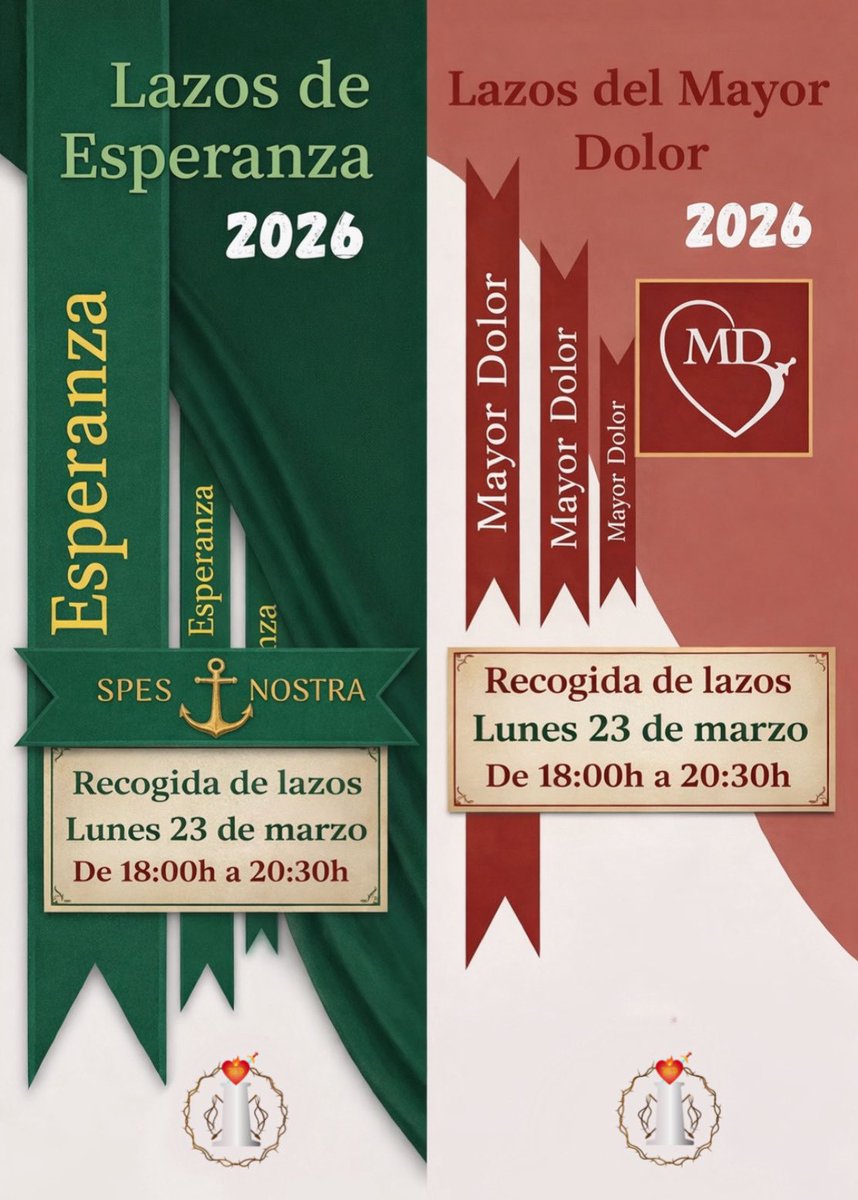 LAZOS I Tras la adjudicación de los lazos, se convoca a todas las personas que han conseguido uno, el lunes 23 de marzo, de 18:00h a 20:30h, para su recogida. 
⚠️Único dia para su entrega.
📆Lunes 23 de Marzo.
🕗18:00h-20:30h.
📍Casa Hermandad Flagelación.