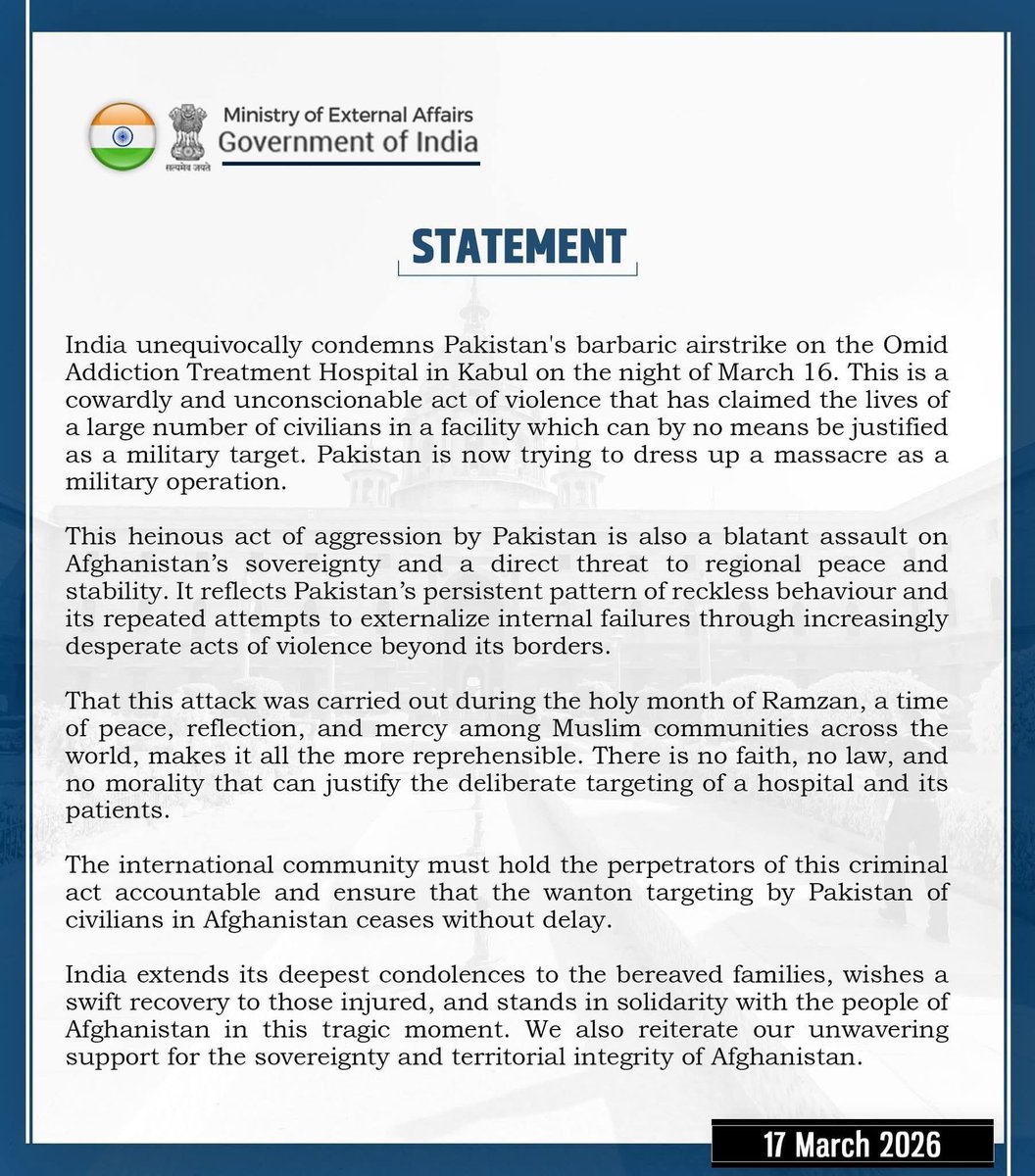 Thanks India.
Always 
Pakistan’s mercenary army has long targeted civilians and ignored international laws of war, committing inhumane acts both at home and abroad—most recently striking a drug treatment hospital in Afghanistan, killing and injuring hundreds.