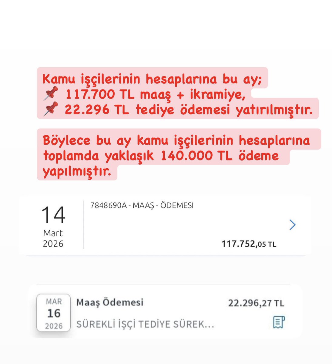 Kamu işçilerinin hesaplarına bu ay;
📌 117.700 TL maaş + ikramiye,
📌 22.296 TL tediye ödemesi yatırılmıştır.

Böylece bu ay kamu işçilerinin hesaplarına toplamda yaklaşık 140.000 TL ödeme yapılmıştır.