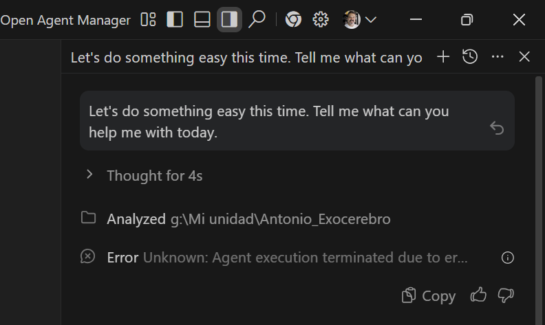 apsoto_writer's tweet photo. @antigravity I can do nothing with Gemini models in Antigravity for more than a week.
Prompt: Gemini Flash, let's do something easy: tell me what can you help me with today.
Answer, after 4 seconds... Agent terminated due to an error. 
(Pro user... 4 seconds) https://t.co/uqqESoXPRX