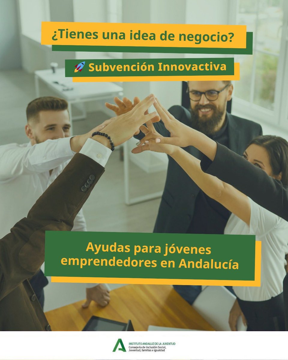 IAJuventud's tweet image. Innovactiva del IAJ impulsa a jóvenes que quieren poner en marcha su proyecto empresarial en Andalucía 💡. 

Una oportunidad para transformar una idea en un proyecto real.

Consulta cómo solicitar esta ayuda en: lajunta.es/6dlbg

#IAJ #Innovactiva