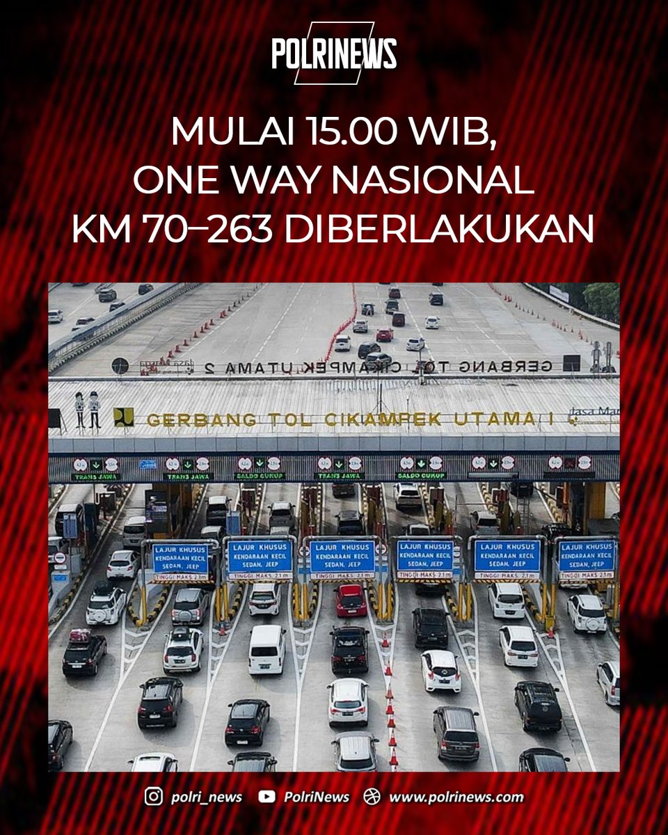 🚨 Perhatian Pemudik!
Mulai 15.00 WIB, one way KM 70–263 resmi diberlakukan untuk mengurai kepadatan arus menuju Trans Jawa.

Ikuti arahan petugas dan jaga kecepatan ya!
Keselamatan tetap nomor satu 🙏

#InfoMudik #OneWay #MudikAman #ArusLalin