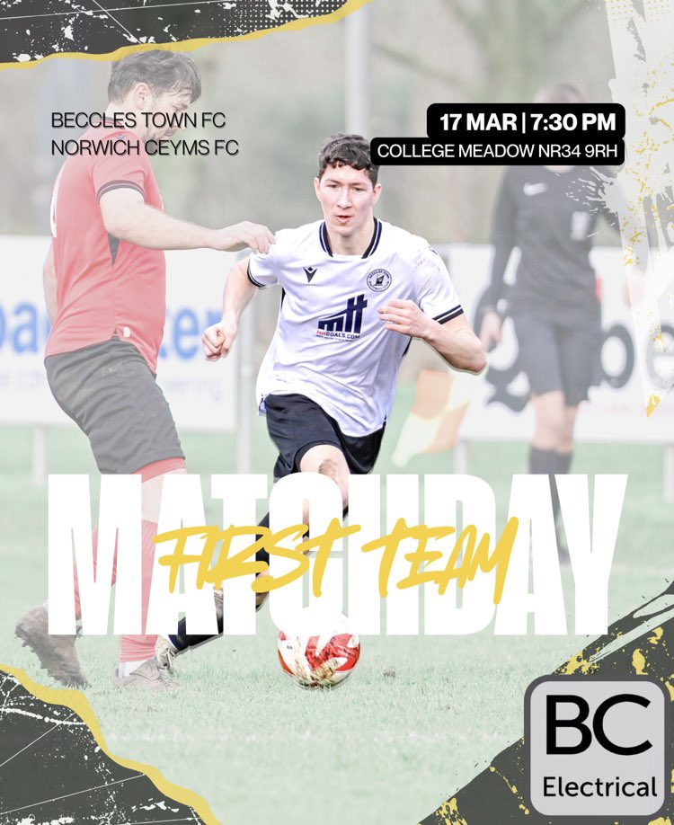 BecclesFC's tweet photo. Match Day || 

Town play @NorwichCeyms for the first time this season and it’s under the College Meadow lights 🤩 

See you there! 

#BTFC #UpTheTown ⚫️⛵️⚪️ https://t.co/zX9WtYZc9Y