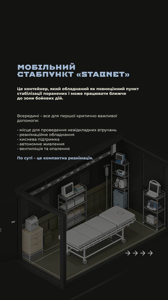 Valerii_Markus's tweet photo. Фонд Markus Foundation долучився до збору на 6 мобільних стабілізаційних контейнерів для 1-го окремого штурмового полку ім. Дмитра Коцюбайла.

Загальна ціль збору – 6 000 000 грн.

🎯 Ми відкрили допоміжну банку на 200 000 грн, щоб підсилити цей збір.

Зараз підрозділ працює в районах Добропілля та Гуляйполя. Там тривають важкі бої, і кількість поранених постійно зростає.

Мобільні стабілізаційні контейнери дозволяють медикам працювати максимально близько до «нуля», коли евакуація займає години, а стаціонарні пункти перевантажені або недоступні.

Це можливість стабілізувати поранених швидше – і врятувати більше життів.

Посилання на нашу допоміжну банку — https://t.co/TQq8OHr4Li

Долучайтеся і ви гривнею та поширенням.