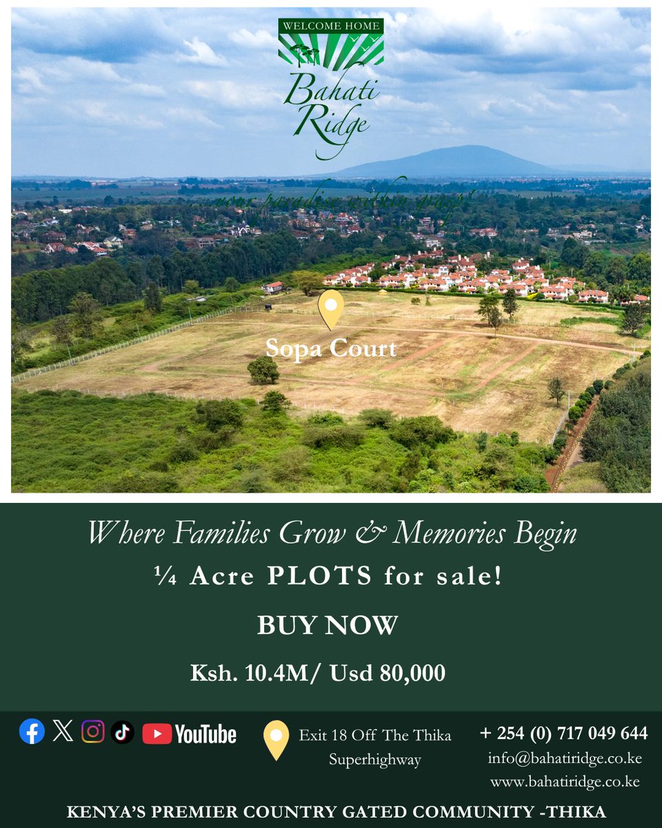 BahatiRidge's tweet image. At Bahati Ridge, your family finds more than land - it finds a safe, peaceful place to call home.
Enjoy fresh air, open spaces, and a warm community designed for modern family living.
#plotsforsale #GatedCommunity #sopacourt #yourparadisewithingrasp