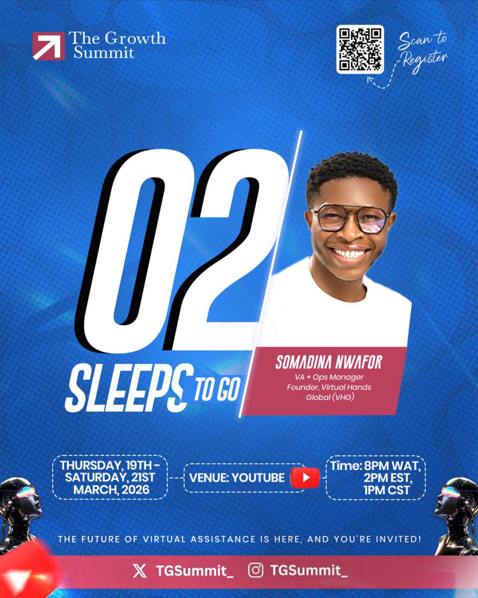 TGSummit_'s tweet photo. 2 sleeps. TWO!

We are literally right around the corner from the biggest VA event of 2026 and the excitement is through the roof!

Tomorrow’s tomorrow, we go LIVE on YouTube and we need YOU in that room! Last chance to register, click link https://t.co/AExjjt0cG1

#AI
#TGS1.0 https://t.co/5hWflbubWE