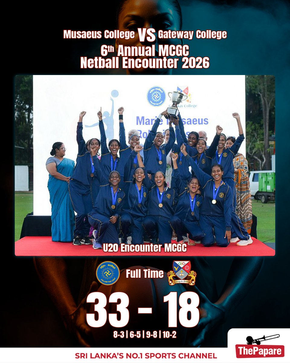 ThePapareSports's tweet image. Musaeus College reigns supreme at the 6th Annual MCGC Netball Encounter 2026, taking home the wins in both the U20 &amp;amp; U15 matches against Gateway College!

#MCGC #Netball #ThePapare