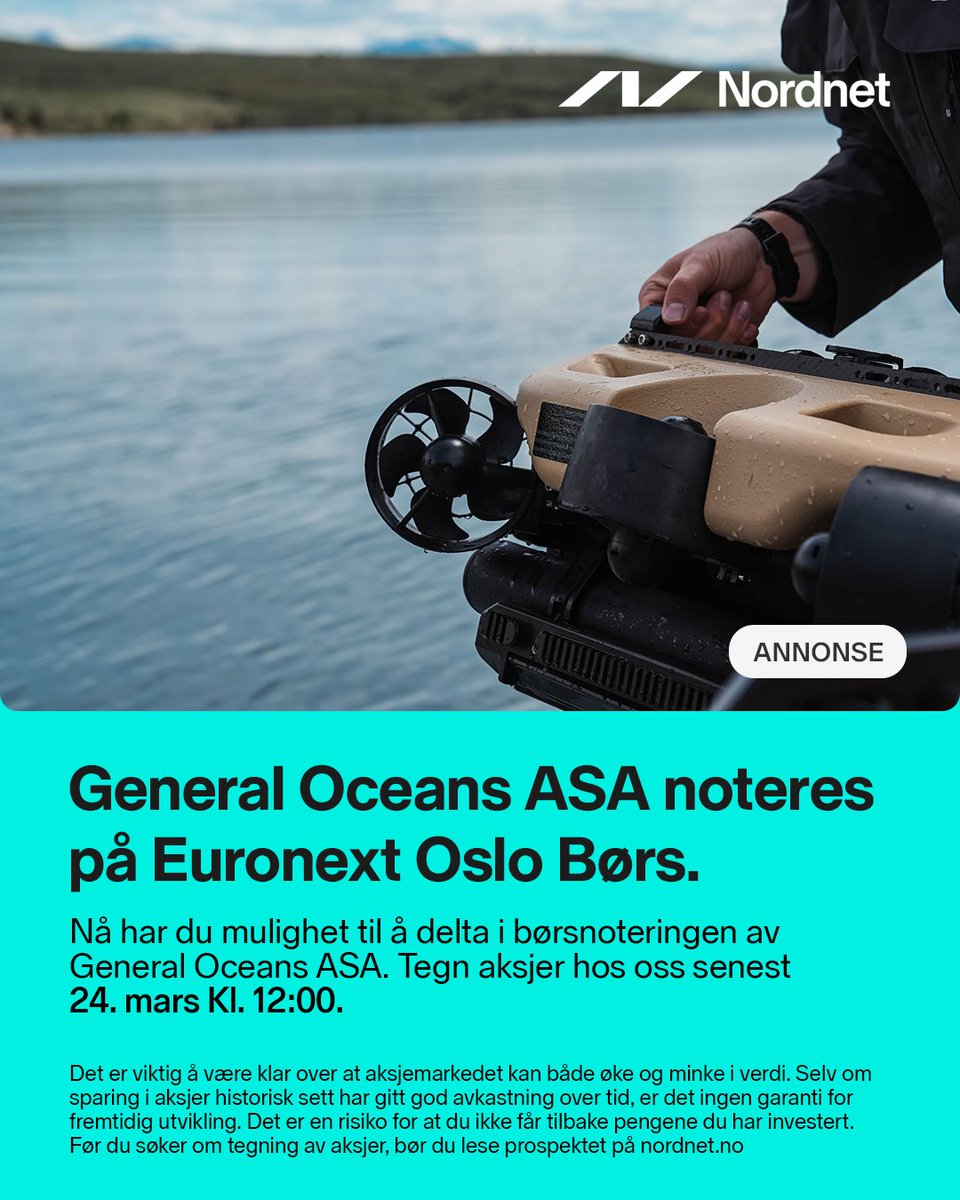 NordnetNO's tweet photo. Ny børsnotering!🌊

General Oceans er en global leverandør av avansert undervannsteknologi, og leverer sensorer, systemer og robotløsninger som brukes i krevende marine miljøer. Gruppen utvikler og leverer instrumentering for å måle og forstå havet og dets krefter og bevegelser, bilde- og navigasjonssystemer, samt fjernstyrte og autonome undervannsfarkoster med tilhørende manipulatorer og kontrollsystemer.

Les mer om børsnoteringen: https://t.co/EyQrInNHOj