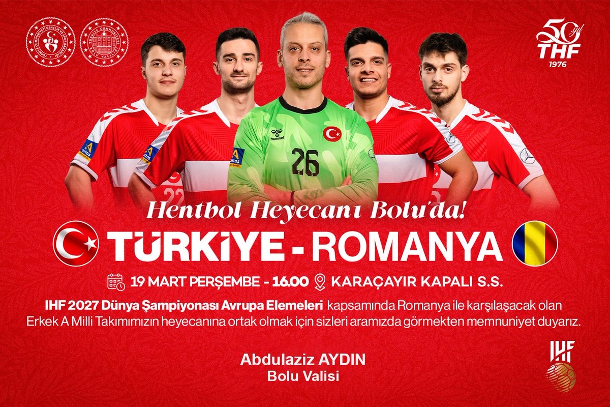 🇹🇷 Bolu’da Tarihi Gün!

A Milli Erkek Hentbol Takımımız, şehrimizde ilk kez milli maç heyecanı yaşatıyor!

🤾🏼‍♂️ Türkiye 🇹🇷 – Romanya 🇷🇴
📅 19 Mart Perşembe| ⏰ 16.00
📍 Karaçayır Kapalı Spor Salonu
(Girişler ücretsizdir)

🇹🇷 Haydi Bolu! Tribünleri dolduralım, Milli Takımımızın